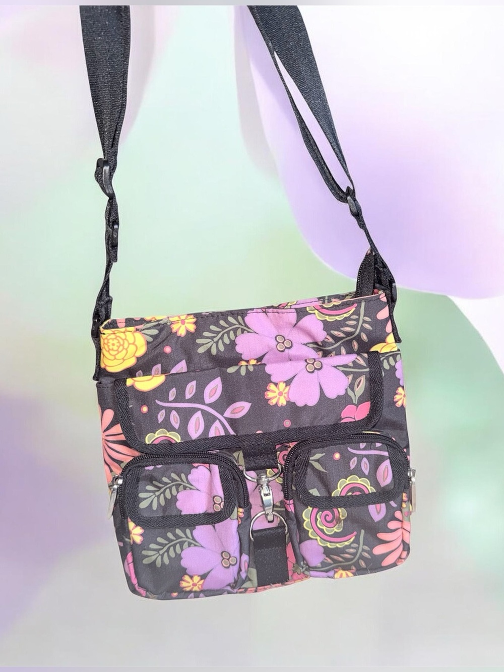 NWOT’s GAL Floral Shoulder Crossbody Bag in Black with Purple & Pink Flowers